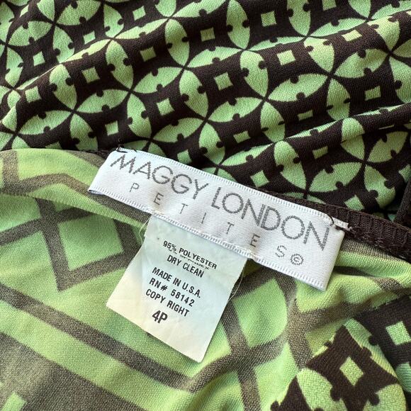 Vintage Maggy London Green Brown V-Neck A Line Size 4P - Picture 3 of 3